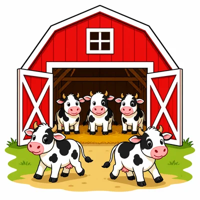 Three cows are inside a barn and two cows are outside.