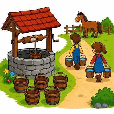 Five buckets are by the well and two water buckets are being taken away.
