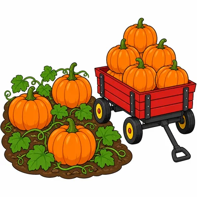 Three pumpkins remain in the patch and six pumpkins are in a cart.
