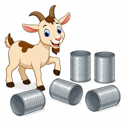 Two cans are standing and three cans are knocked over by a goat.