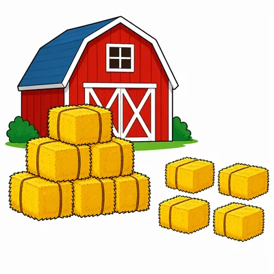 Seven hay bales remain in a stack and four hay bales are set aside.
