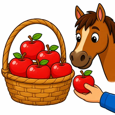 Five apples are in a basket and one apple is by a horse.
