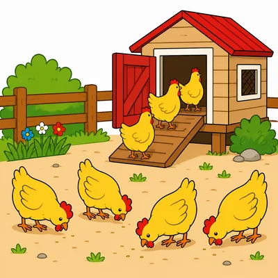 Five chickens are in the yard and three chickens are going into a coop.
