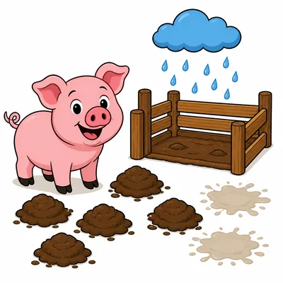 A pig stands near five mud pies and two washed-away mud splashes.