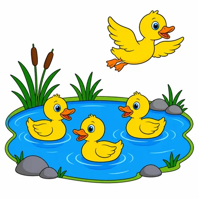 Three ducks are in a pond and one duck is flying away.