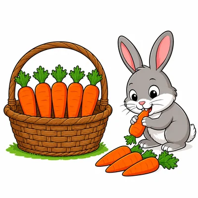 Five carrots remain while a rabbit eats four carrots nearby.