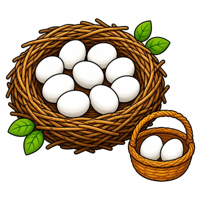 Nine eggs are in a nest and two eggs are in a basket.