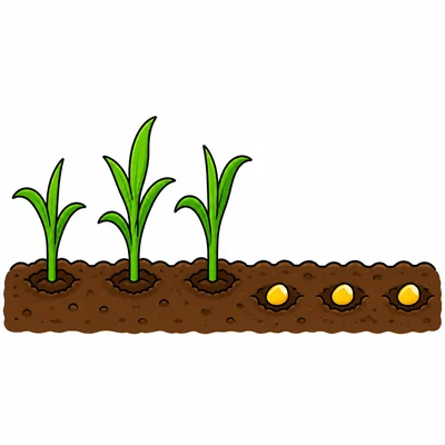 Three corn seeds have grown into sprouts and three seeds have not grown.