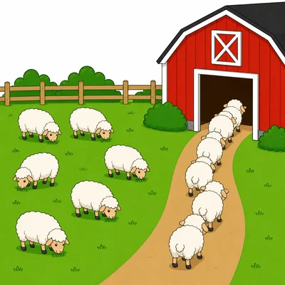 Seven sheep are in the field and five sheep are going into the barn.