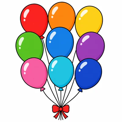 Nine colorful balloons.