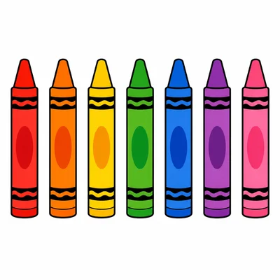 Seven colorful crayons.