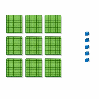 Base-ten blocks showing nine hundreds and five ones, with no tens.