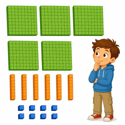 A child looks at base-ten blocks showing five hundreds, six tens, and eight ones.