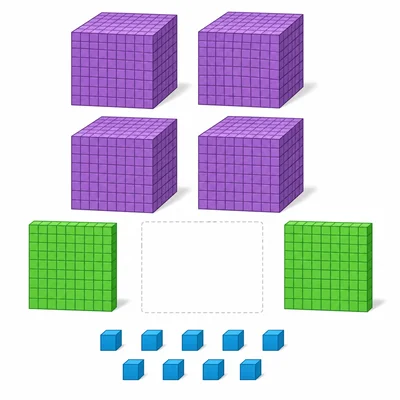 Base-ten blocks showing four thousands, two hundreds, no tens, and nine ones.