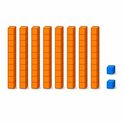 Base-ten blocks showing eight tens rods and two ones cubes.