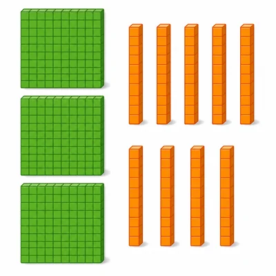 Base-ten blocks showing three hundred flats and nine tens rods.