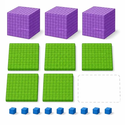 Base-ten blocks showing three thousands, five hundreds, no tens, and nine ones.