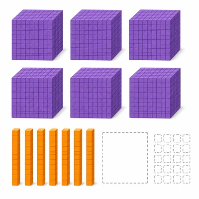 Base-ten blocks showing six thousands, no hundreds, seven tens, and no ones.