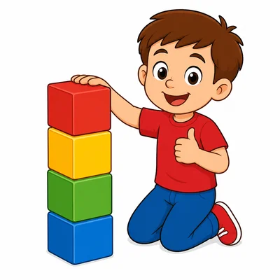 A child with four colorful toy blocks.