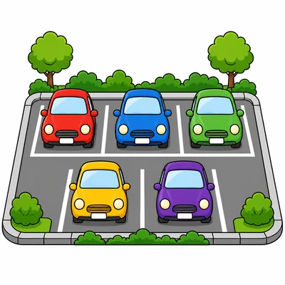 Five cars parked in a small parking lot.