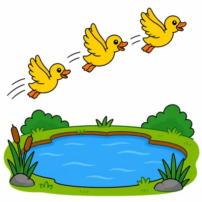 Three ducks flying away from an empty pond.