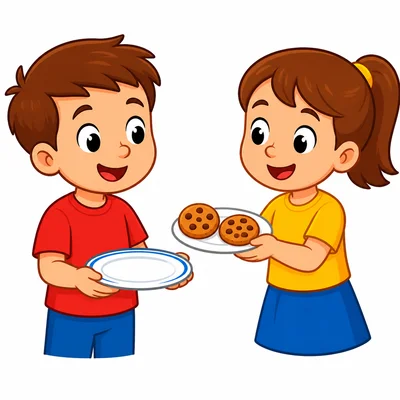 One child gives two cookies to another child with an empty plate.