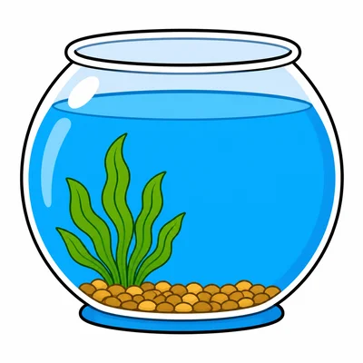 A fish bowl with water and a plant but no fish.