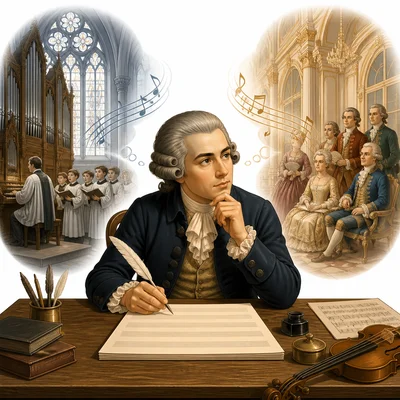 A composer writes music between a church setting and a royal court setting.