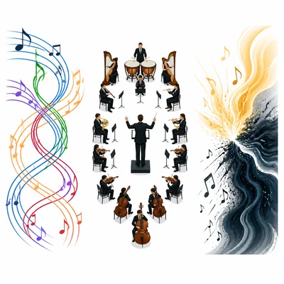 Three visual music concepts: interwoven lines, balanced ensemble, and dramatic contrast.
