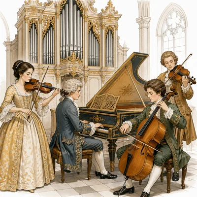 Baroque musicians performing near an ornate organ and harpsichord.