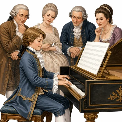 A young child musician performs at a keyboard for impressed adults.