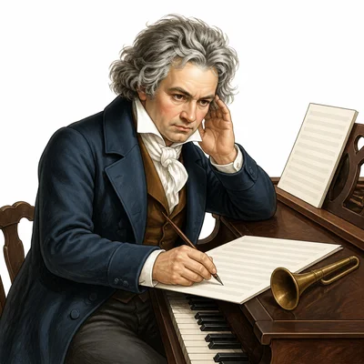 A determined composer works at a piano with an ear trumpet nearby.