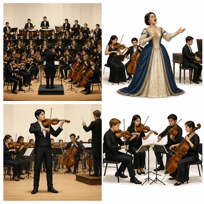 Four music performance forms: orchestra, opera, soloist with orchestra, and string quartet.