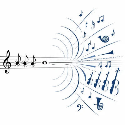 Three short note bursts followed by a longer note expanding into larger music waves.