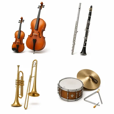 Four groups of orchestra instruments representing strings, woodwinds, brass, and percussion.