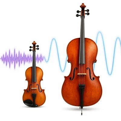 A small violin beside a larger cello with different sound wave shapes.