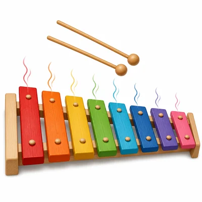 A xylophone with bars of different lengths and mallets.