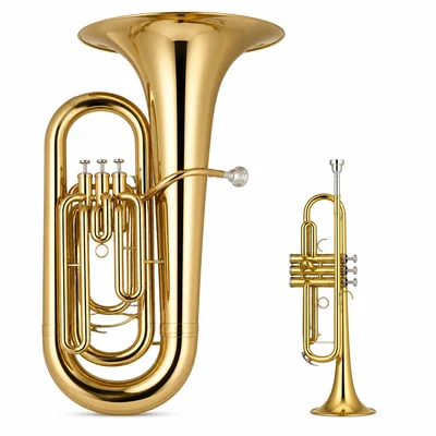 A tuba and a trumpet shown side by side for comparison.