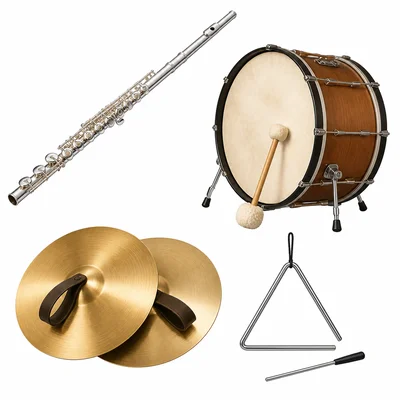 A flute, bass drum, cymbals, and triangle shown as instrument choices.