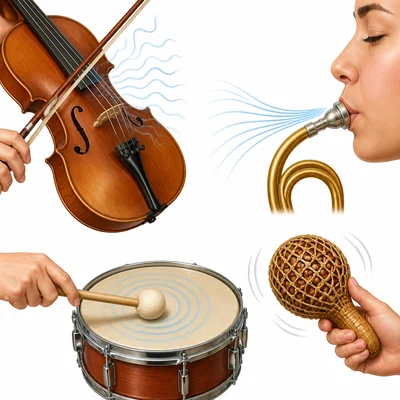 Three ways instruments make sound: strings vibrating, lips buzzing, and percussion being played.