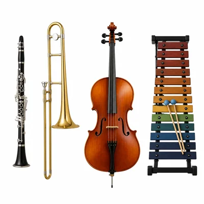 Clarinet, trombone, cello, and xylophone shown side by side.