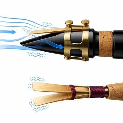 Woodwind reeds vibrating as air passes through them.