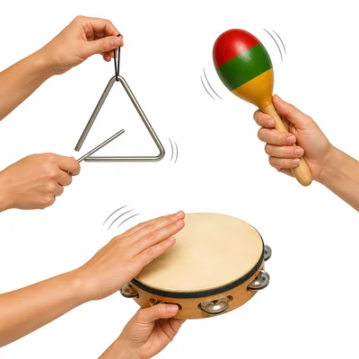 A triangle, maraca, and tambourine being played.