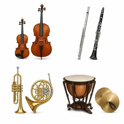 Four groups of orchestra instruments representing strings, woodwinds, brass, and percussion.