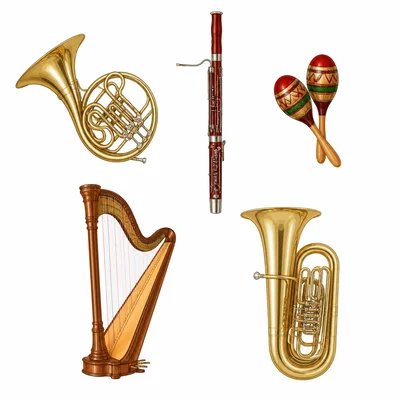 French horn, bassoon, maracas, harp, and tuba shown for instrument identification.