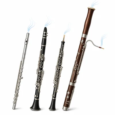 Flute, clarinet, oboe, and bassoon shown together as woodwind instruments.