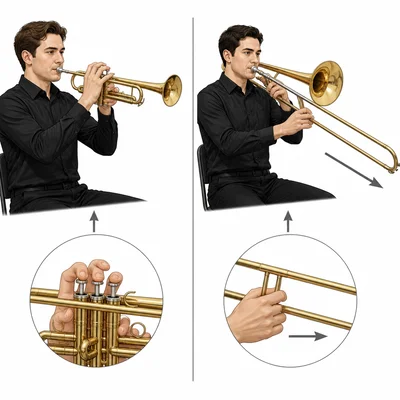 A trumpet uses valves while a trombone uses a slide to change pitch.