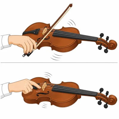 A violin string can be bowed or plucked to make sound.