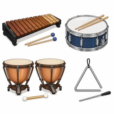 Xylophone, snare drum, timpani, and triangle percussion instruments.