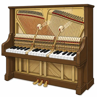 Piano hammers strike strings inside the instrument.